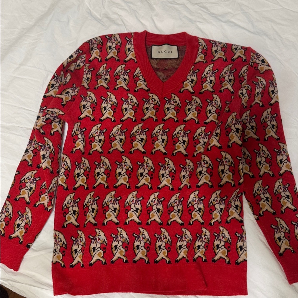 Gucci Red Knit Sweater with dancing pig Pattern